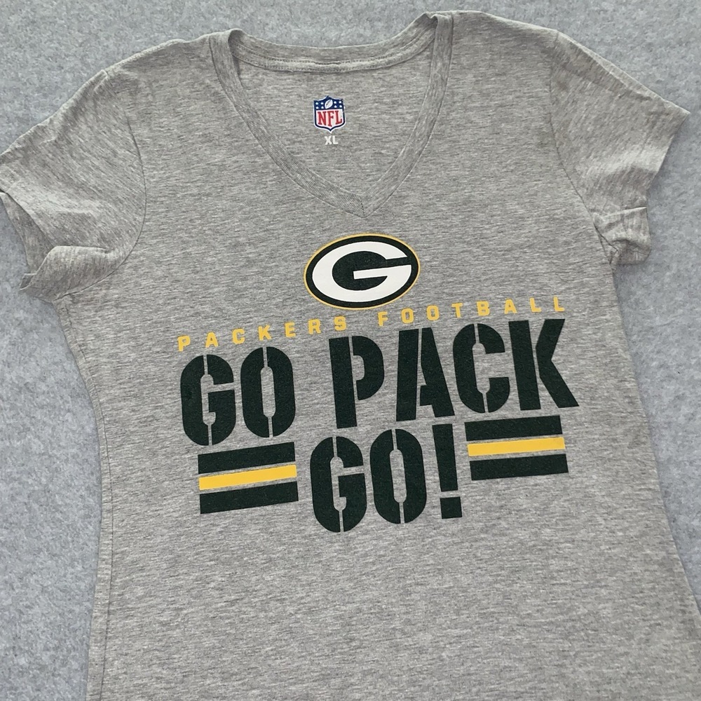Green Bay Packers V-Neck T-Shirt Women's XL Go Pack Go‎ Gray Short Sleeve NFL